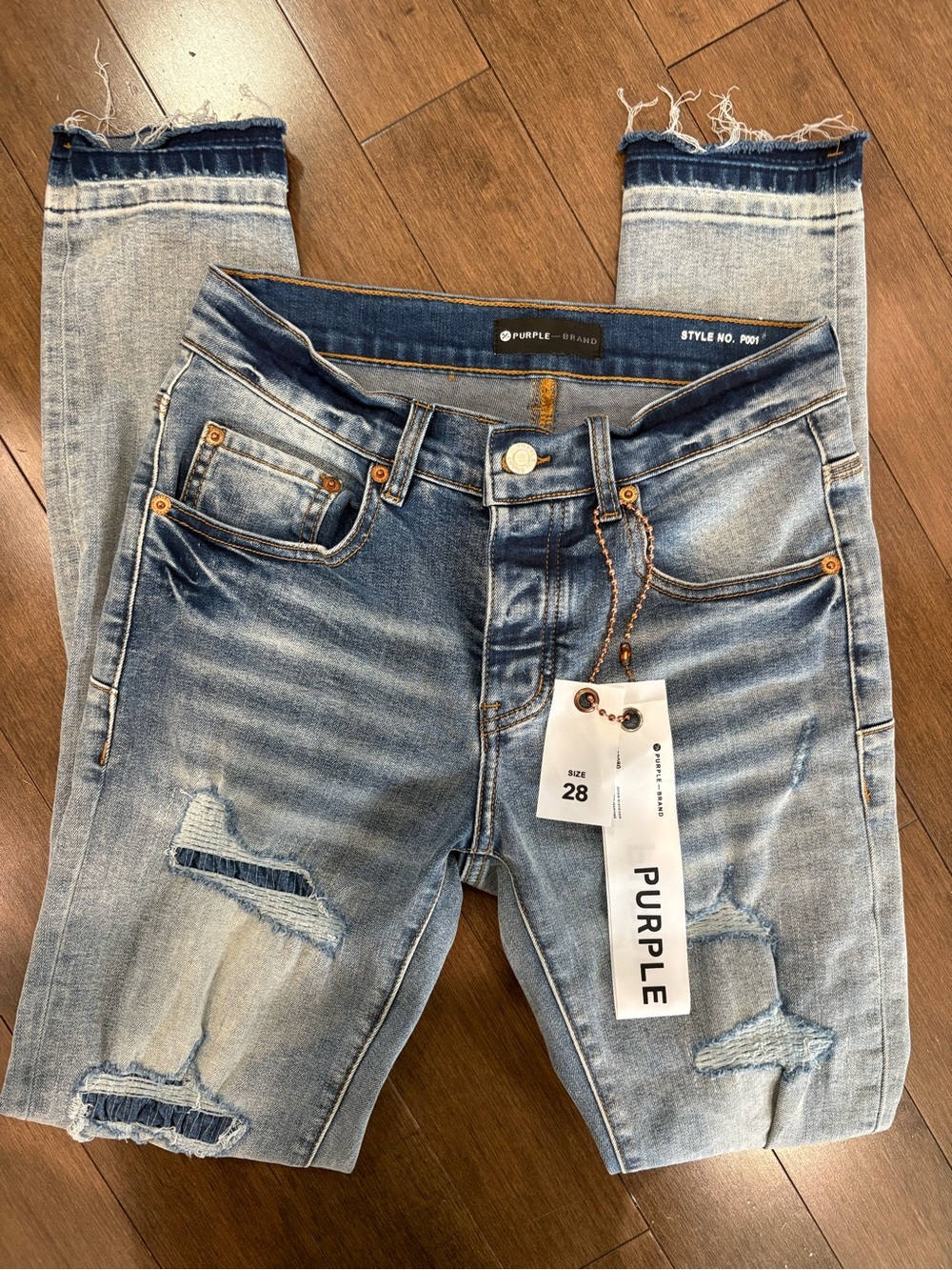 NWT Purple Brand P001 Distressed Raw Hem Stretch Skinny Jeans, Light Indigo, 28